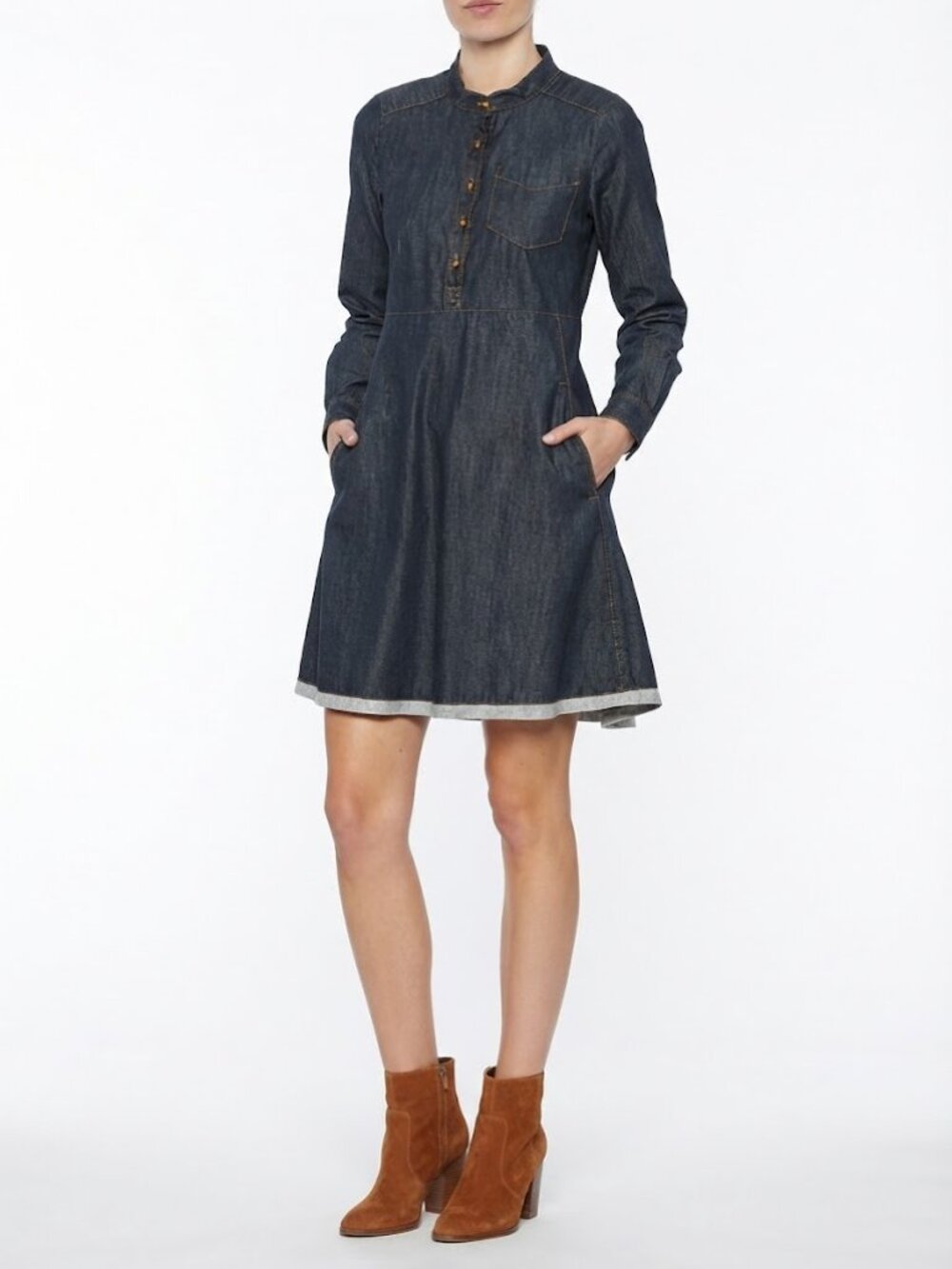 Uncle Frank Denim Dress Long-sleeve Mandarin Collar Pockets Size XS